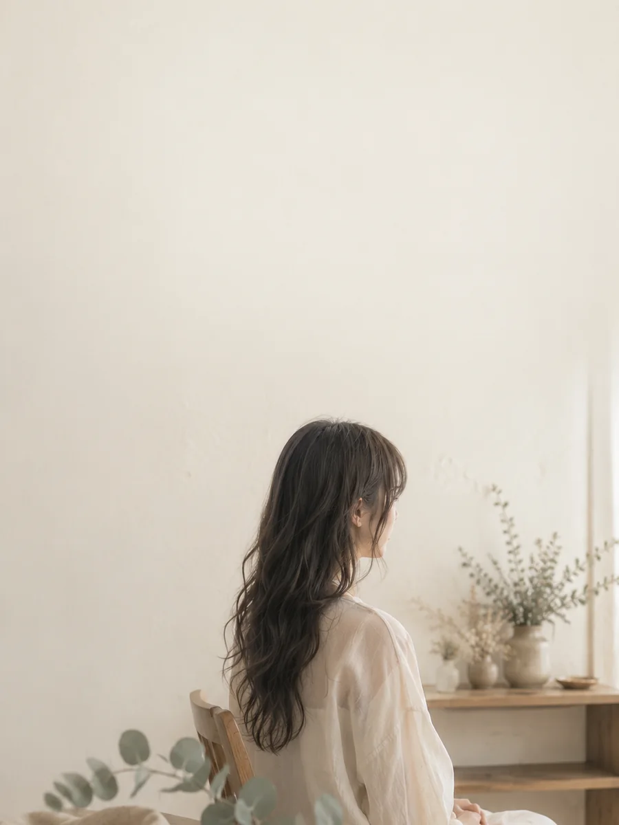 自然光のなか椅子に座る女性の後ろ姿